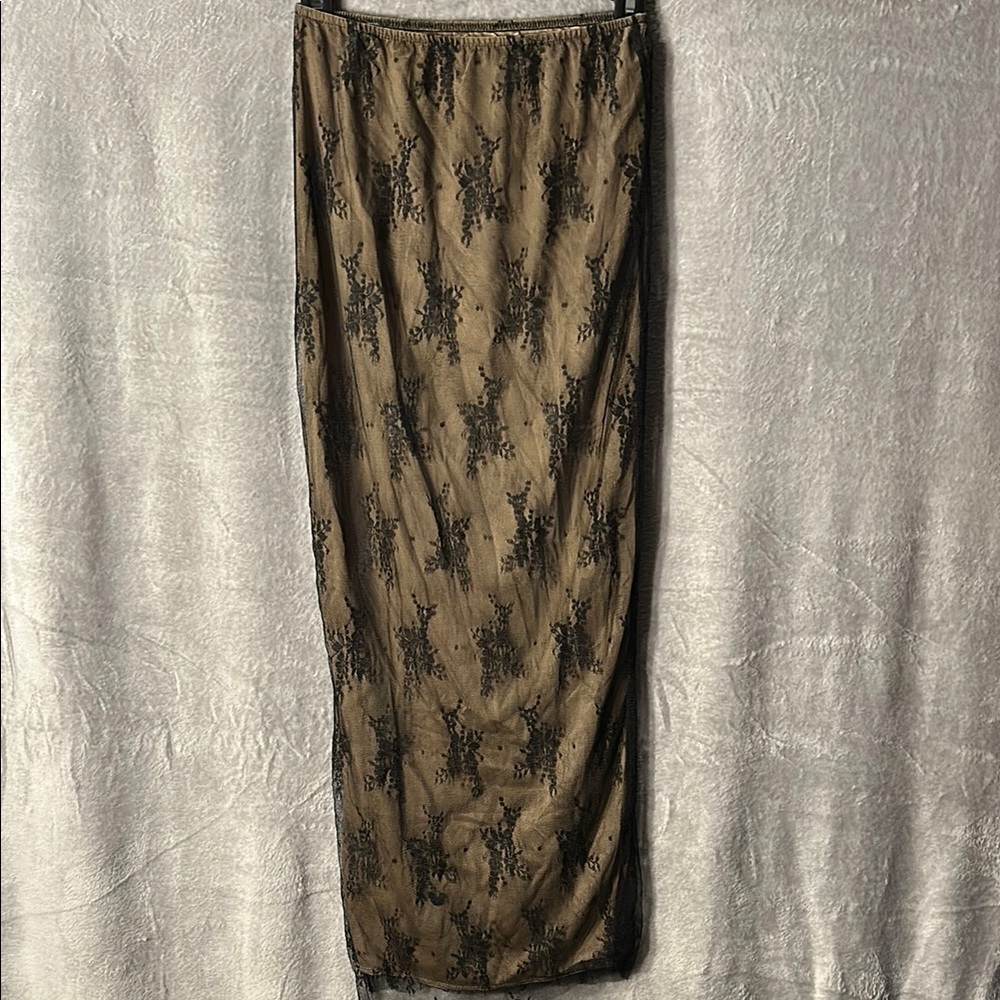 Tan and Black Lace Overlay Maxi Pencil Skirt